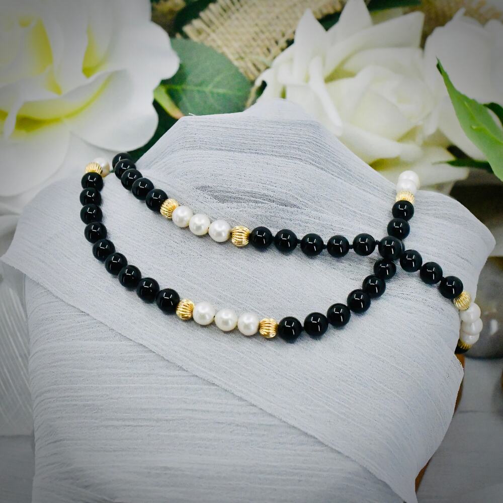 Vintage 14K Yellow Gold Clasp Fluted Bead Black Onyx Cultured Pearl Necklace 23"